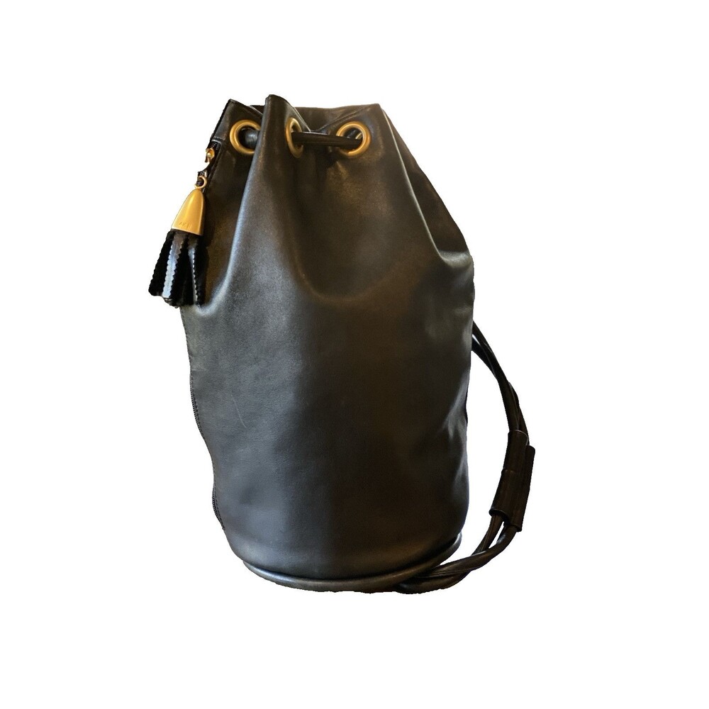 Leather Anne Klein II Vintage Bucket Bag Purse Handbag Matte Gold Accents EUC